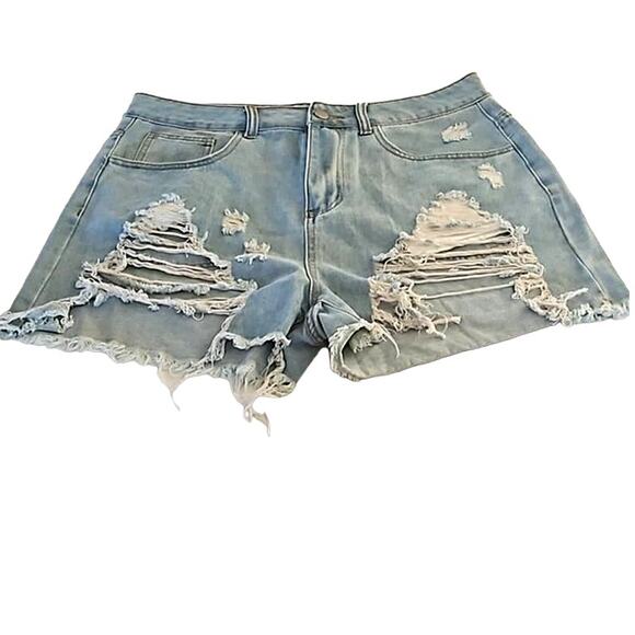 Shein Plus Size 0XL Distressed High Rise Denim Shorts Light Wash Frayed Hem - Picture 2 of 5